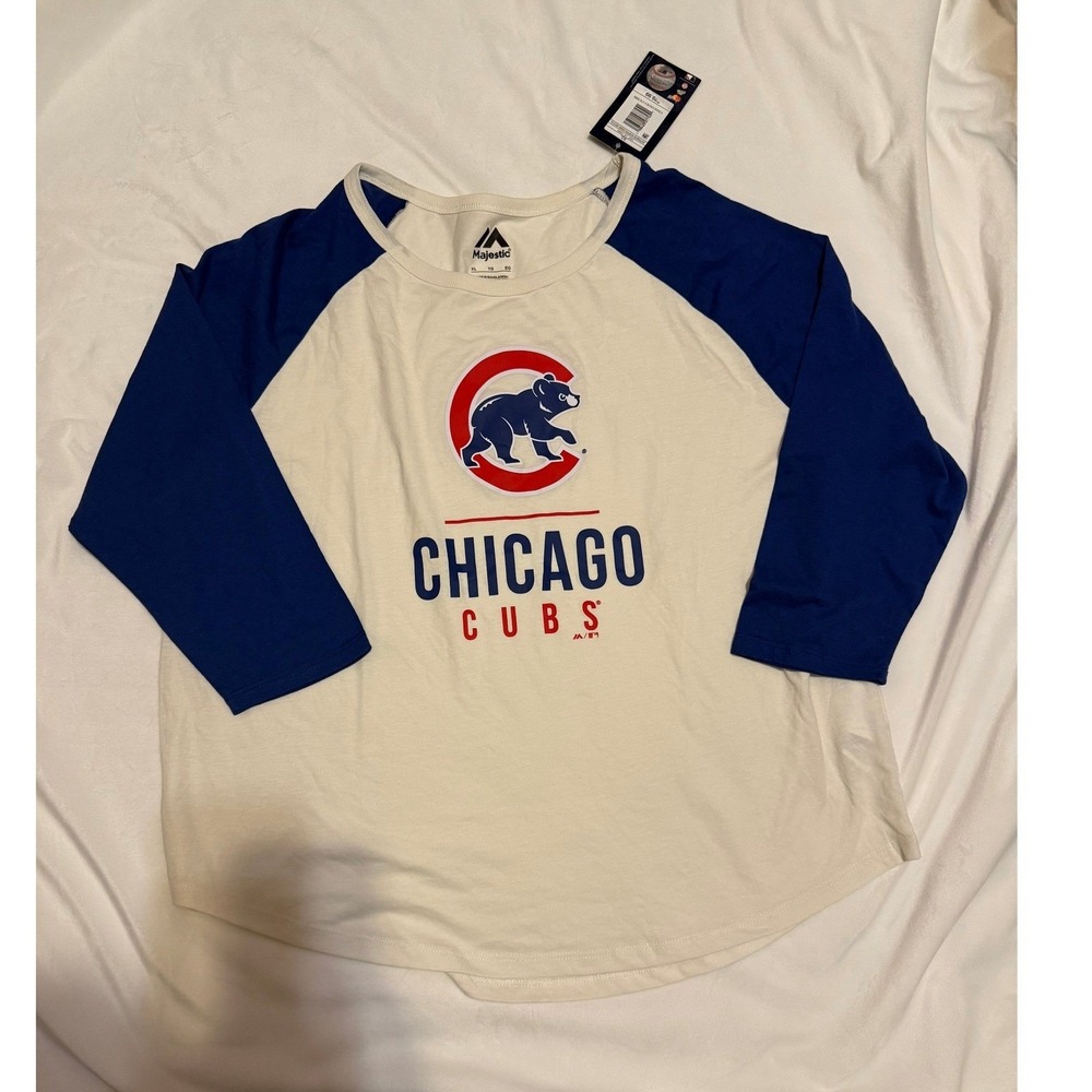 Majestic Chicago Cubs Womens XL Raglan Shirt 3/4 Sleeve Antique White Blue NWT